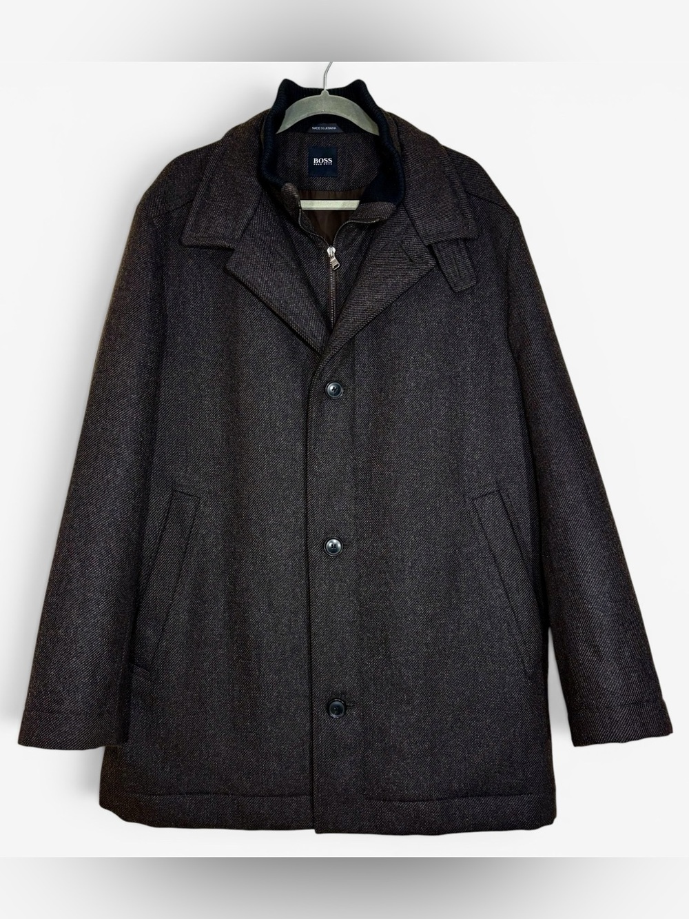 Hugo Boss Wool-Blend Pea Coat with Zip-Front Layer- men’s 44 R